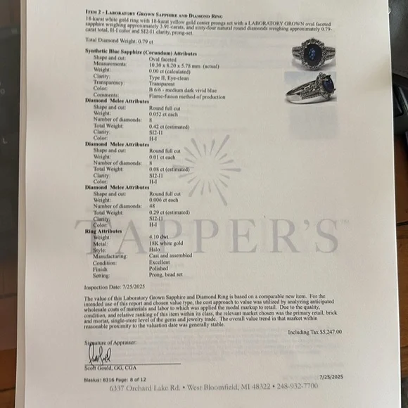 18kt White Gold 4.7 TCW Lab Grown Sapphire and Natural Diamond Ring Size 6.5 - Picture 8 of 12